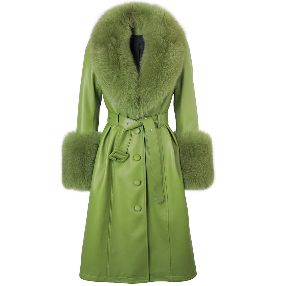 YOLOAgain Women's Real Fox Fur Collar Leather Trench Coat Sheepskin Jacket Long