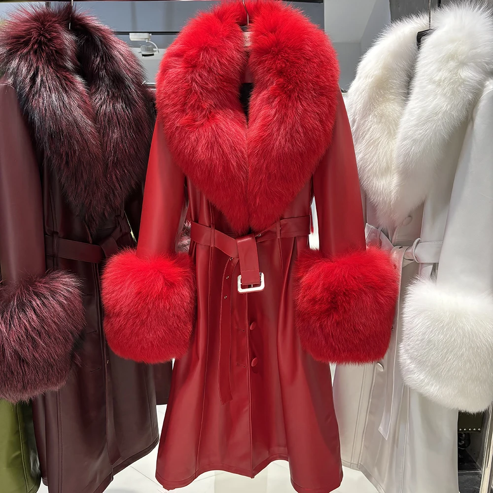 YOLOAgain Women's Real Fox Fur Collar Leather Trench Coat Sheepskin Jacket Long