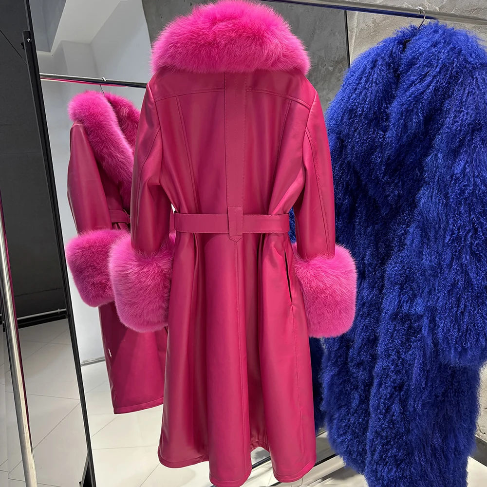 YOLOAgain Women's Real Fox Fur Collar Leather Trench Coat Sheepskin Jacket Long