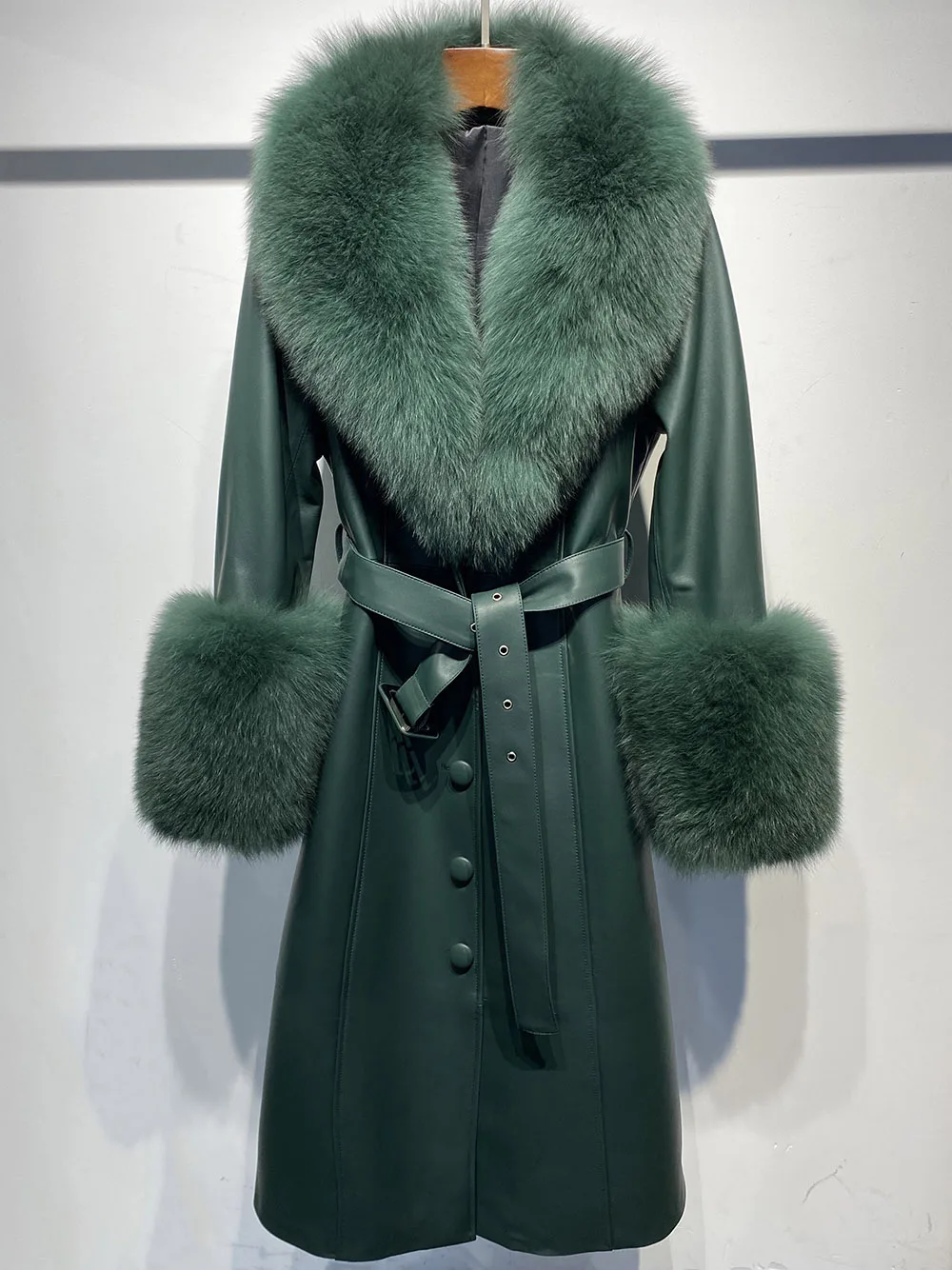 YOLOAgain Women's Real Fox Fur Collar Leather Trench Coat Sheepskin Jacket Long