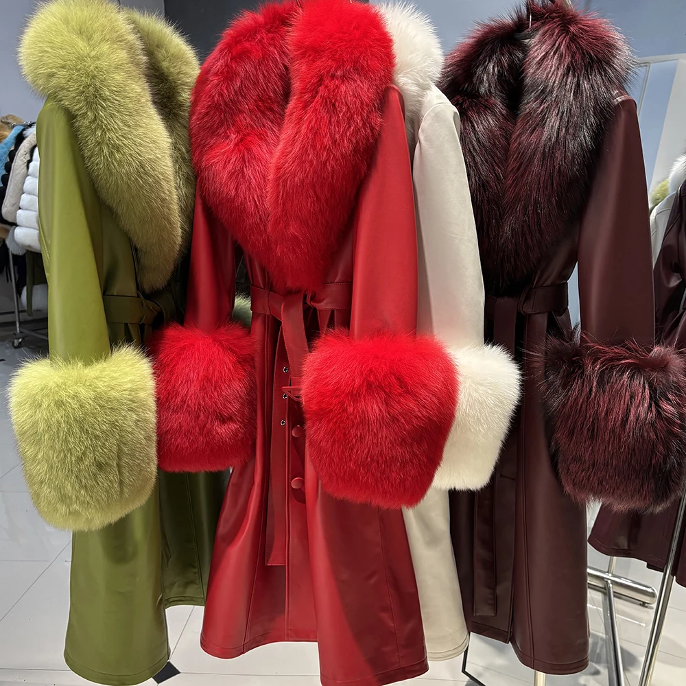 YOLOAgain Women's Real Fox Fur Collar Leather Trench Coat Sheepskin Jacket Long