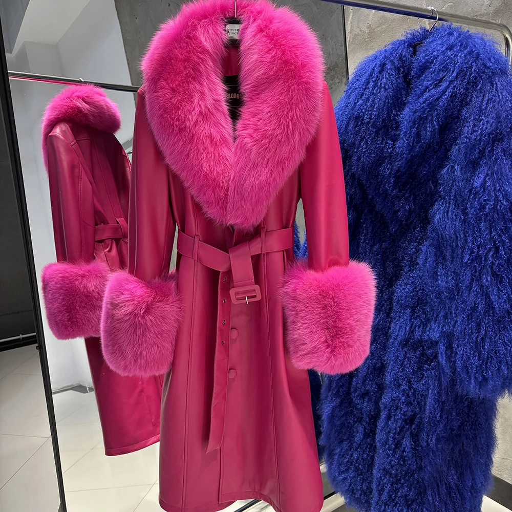 YOLOAgain Women's Real Fox Fur Collar Leather Trench Coat Sheepskin Jacket Long