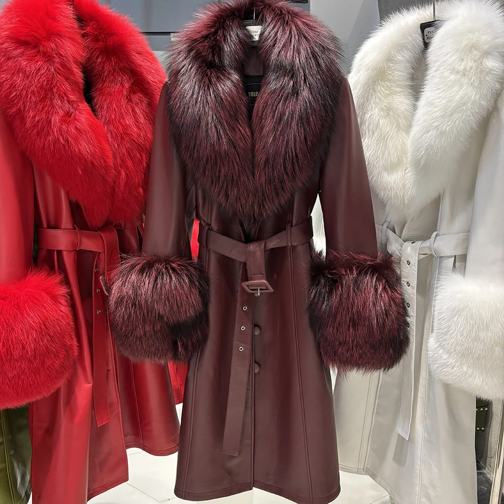 YOLOAgain Women's Real Fox Fur Collar Leather Trench Coat Sheepskin Jacket Long