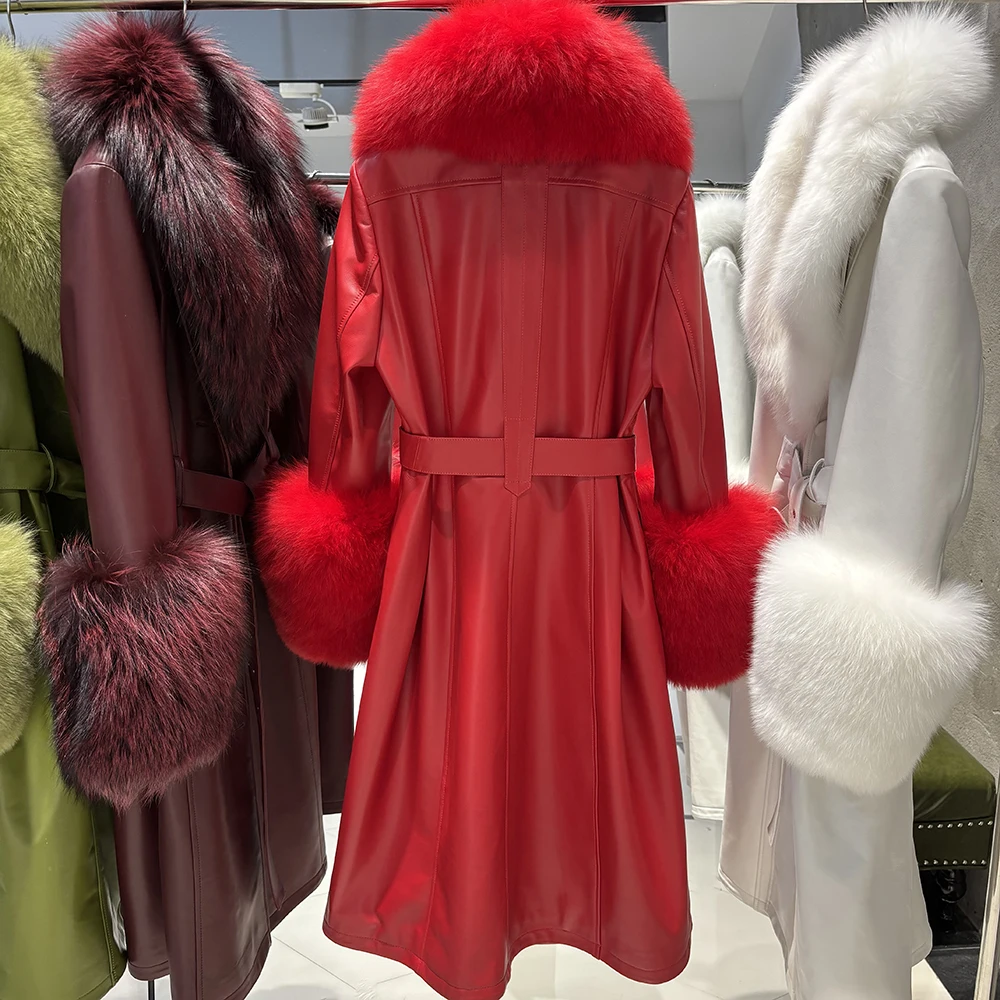 YOLOAgain Women's Real Fox Fur Collar Leather Trench Coat Sheepskin Jacket Long