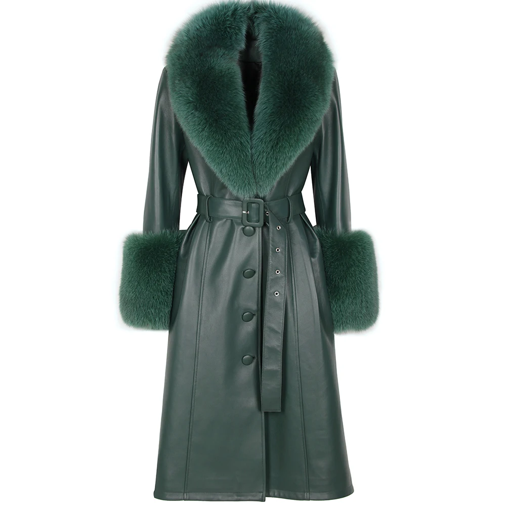 YOLOAgain Women's Real Fox Fur Collar Leather Trench Coat Sheepskin Jacket Long