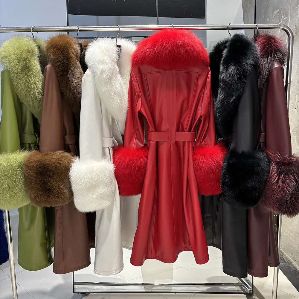 YOLOAgain Women's Real Fox Fur Collar Leather Trench Coat Sheepskin Jacket Long