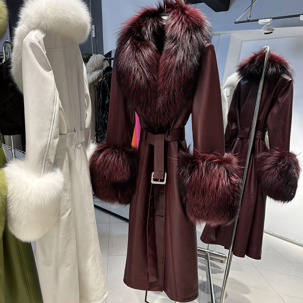YOLOAgain Women's Real Fox Fur Collar Leather Trench Coat Sheepskin Jacket Long