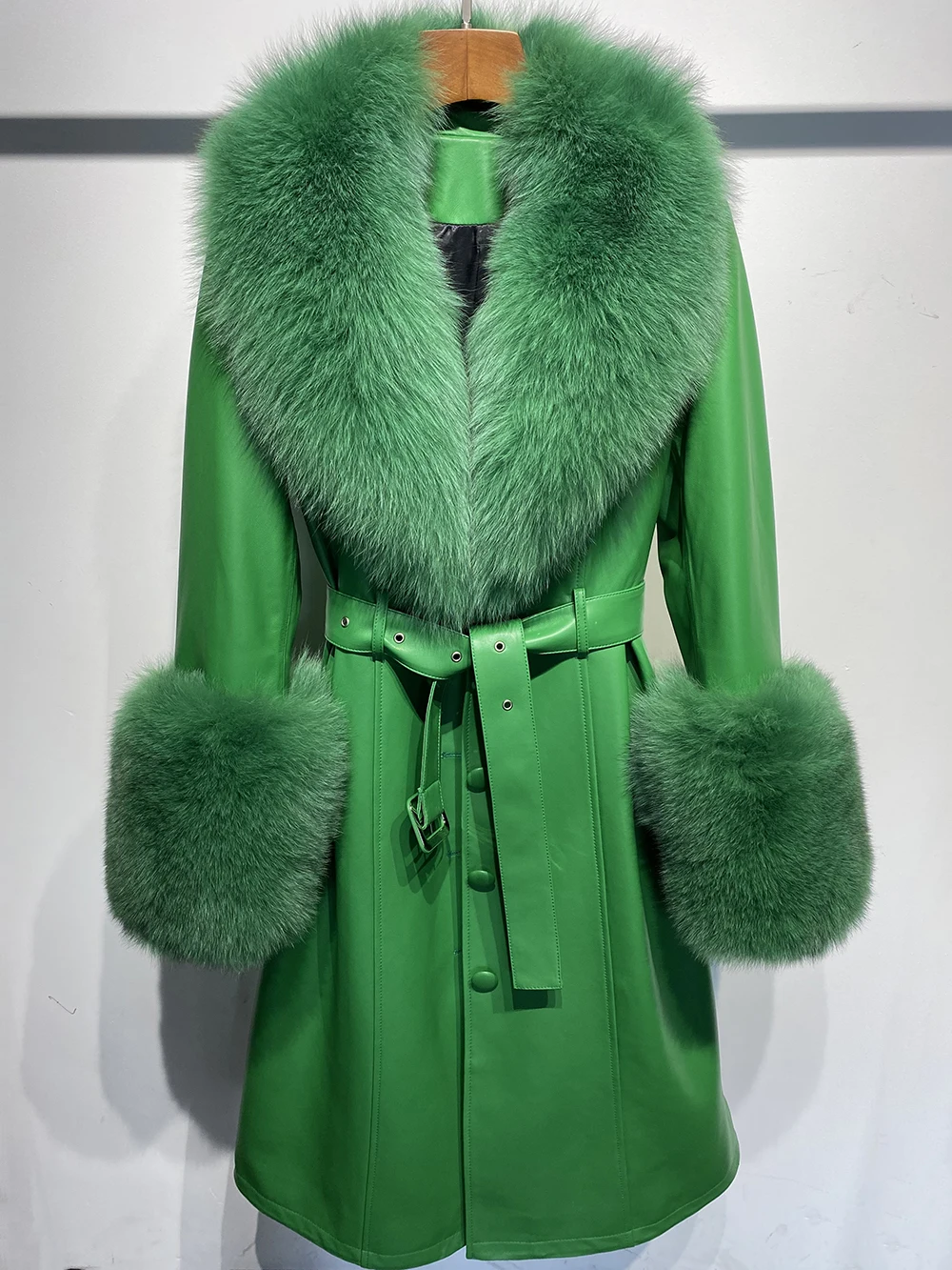 YOLOAgain Women's Real Fox Fur Collar Leather Trench Coat Sheepskin Jacket Long