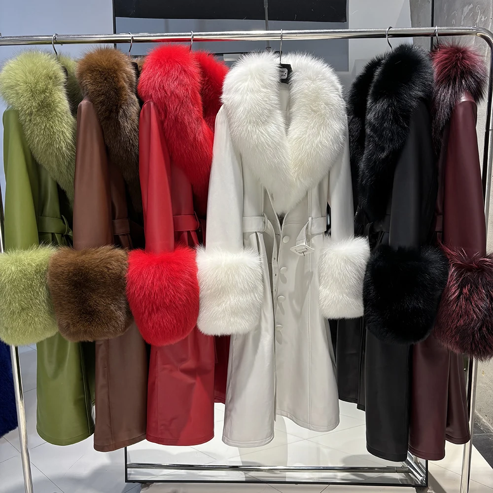 YOLOAgain Women's Real Fox Fur Collar Leather Trench Coat Sheepskin Jacket Long
