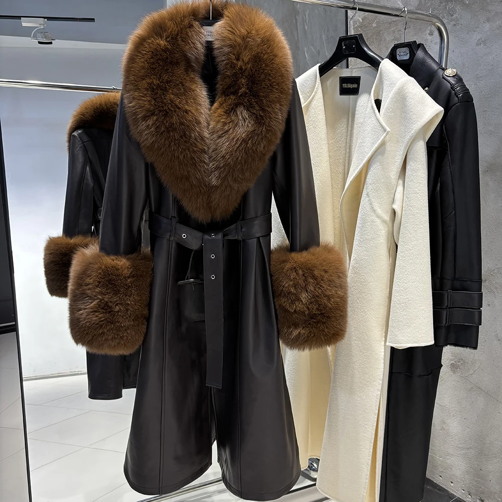 YOLOAgain Women's Real Fox Fur Collar Leather Trench Coat Sheepskin Jacket Long