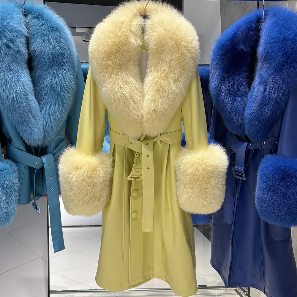 YOLOAgain Women's Real Fox Fur Collar Leather Trench Coat Sheepskin Jacket Long