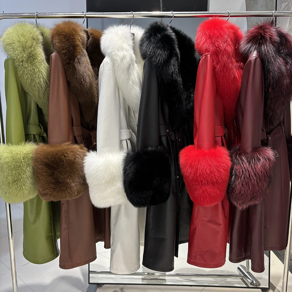 YOLOAgain Women's Real Fox Fur Collar Leather Trench Coat Sheepskin Jacket Long