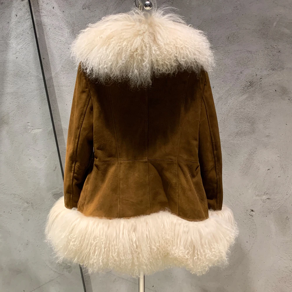 Sheep Fur Leather Coats Women Winter Luxury Mongolian Fur Leather Jackets with Long Sleeve with Natural Mongolian Fur 7251