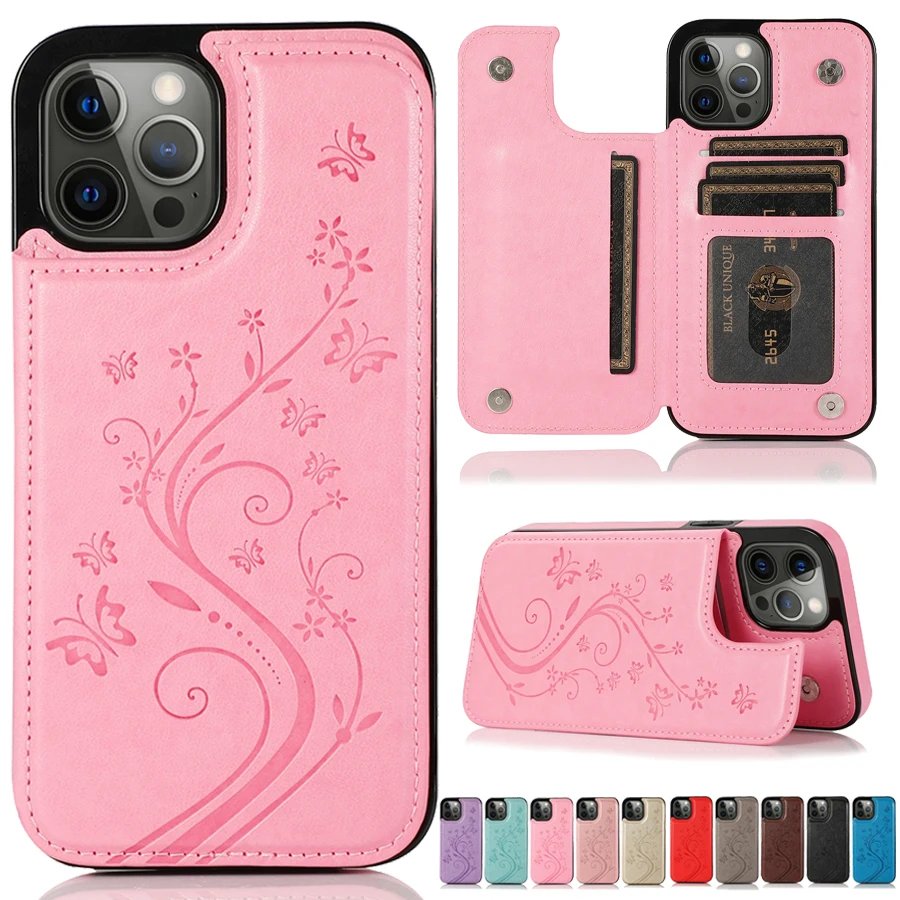 Wallet Butterfly Embossing Slot Magnetic Flip Leather Case For iPhone 16e 16 Pro Max 15 14 13 12 11 SE 2 X XR XS 8 7 Plus Cover