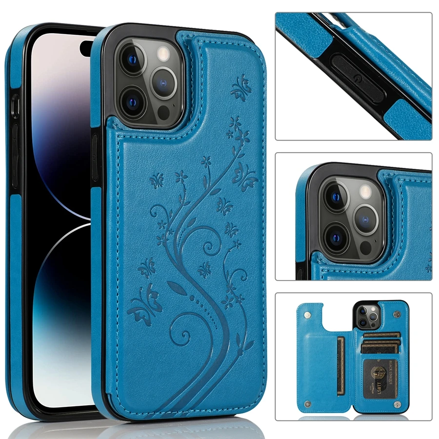Wallet Butterfly Embossing Slot Magnetic Flip Leather Case For iPhone 16e 16 Pro Max 15 14 13 12 11 SE 2 X XR XS 8 7 Plus Cover