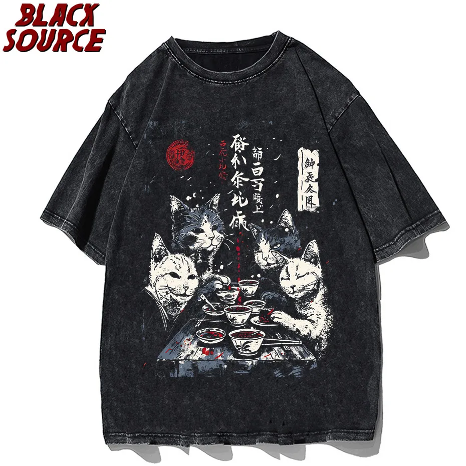 T357 Funny Cat Eating Ramen Vintage Japanese Noodles Geek Normal All Cotton Mens Tops T Shirt Casual Tees Hot Sale T Shirts