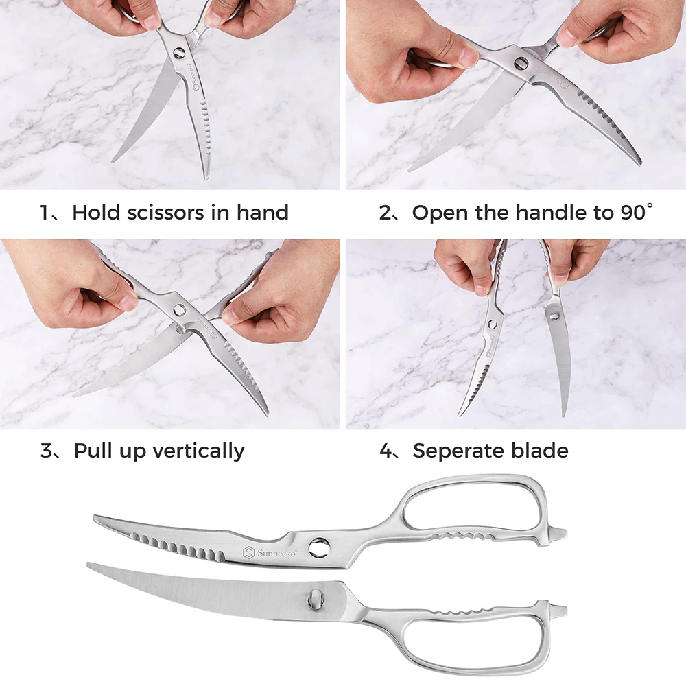 Sunnecko Professional Stainless Steel Kitchen Scissors Dishwasher Safe Heavy Duty Curved Blades Kitchen Shears Cutting Tools