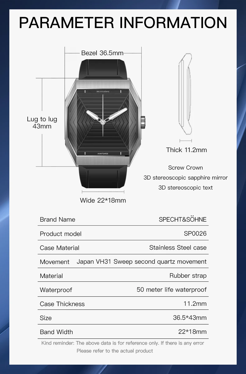 Luxury Brand Specht & Söhne New Classic Men's Wrist Watch Stainless Steel Blue Rubber Strap Waterproof Luminous Sport Watches