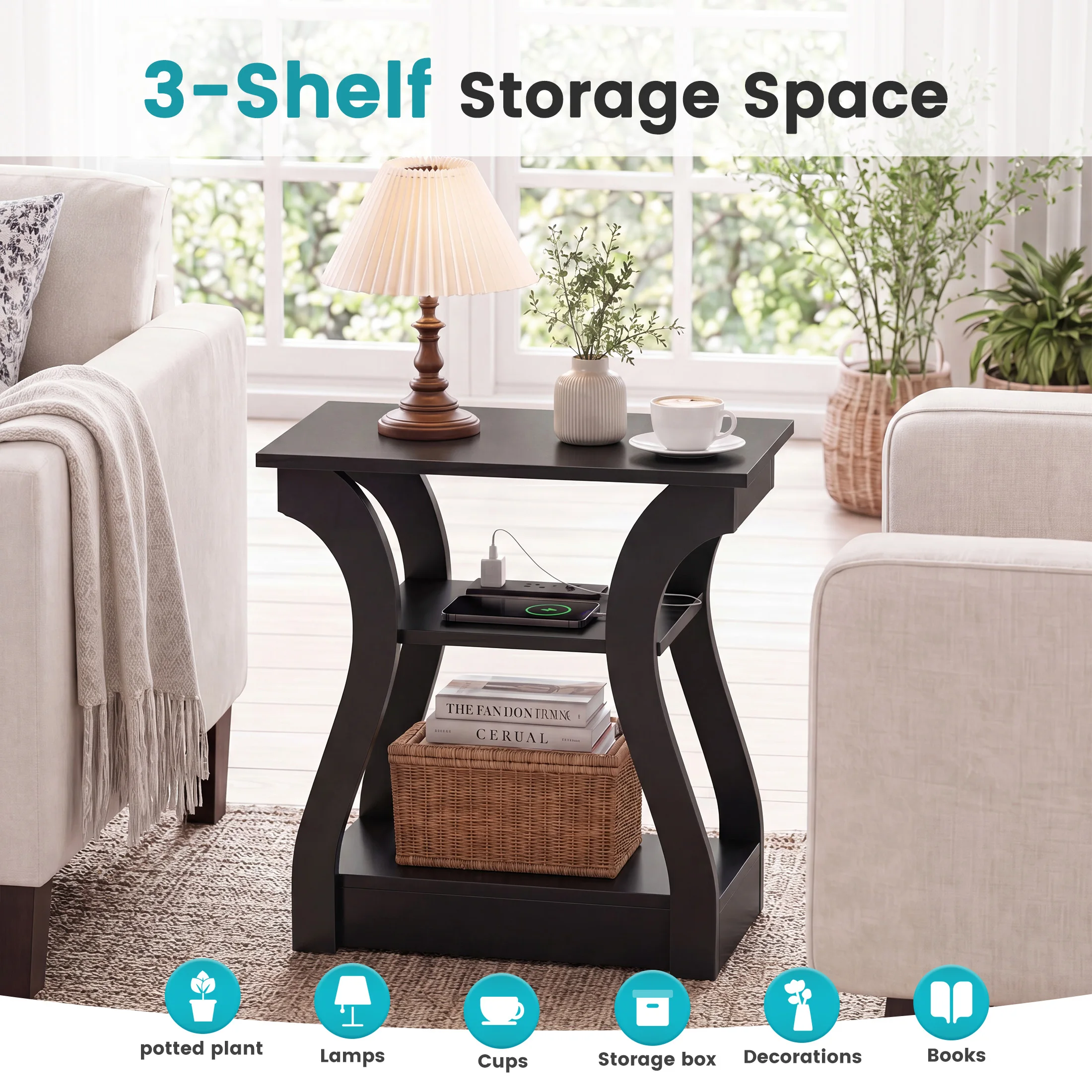 JHK 3 Tier Curved Living Room Cabinet End Table with Charging Station Storage Shelf with USB Type-C Port AC Outlets for Bedroom Home Decor