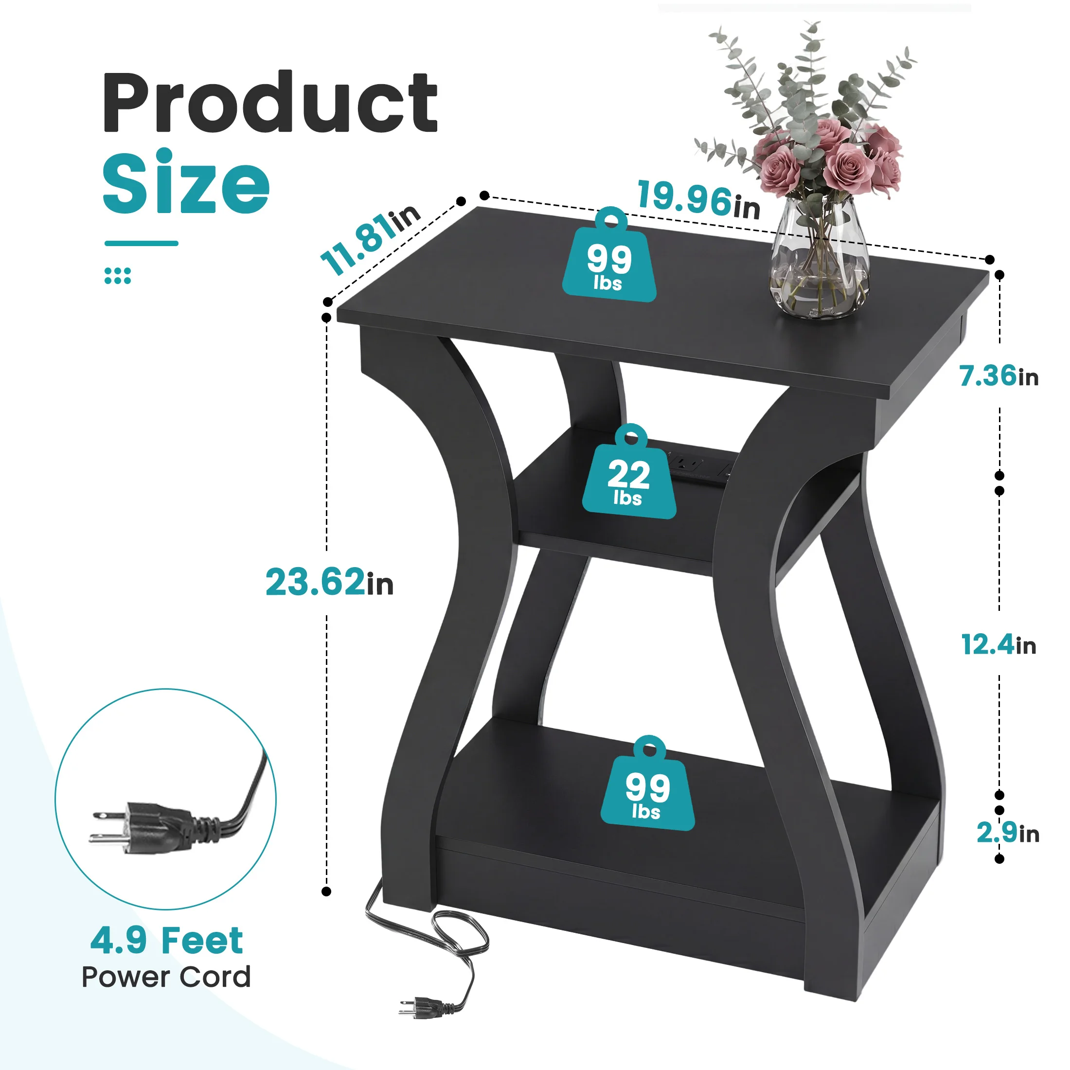 JHK 3 Tier Curved Living Room Cabinet End Table with Charging Station Storage Shelf with USB Type-C Port AC Outlets for Bedroom Home Decor
