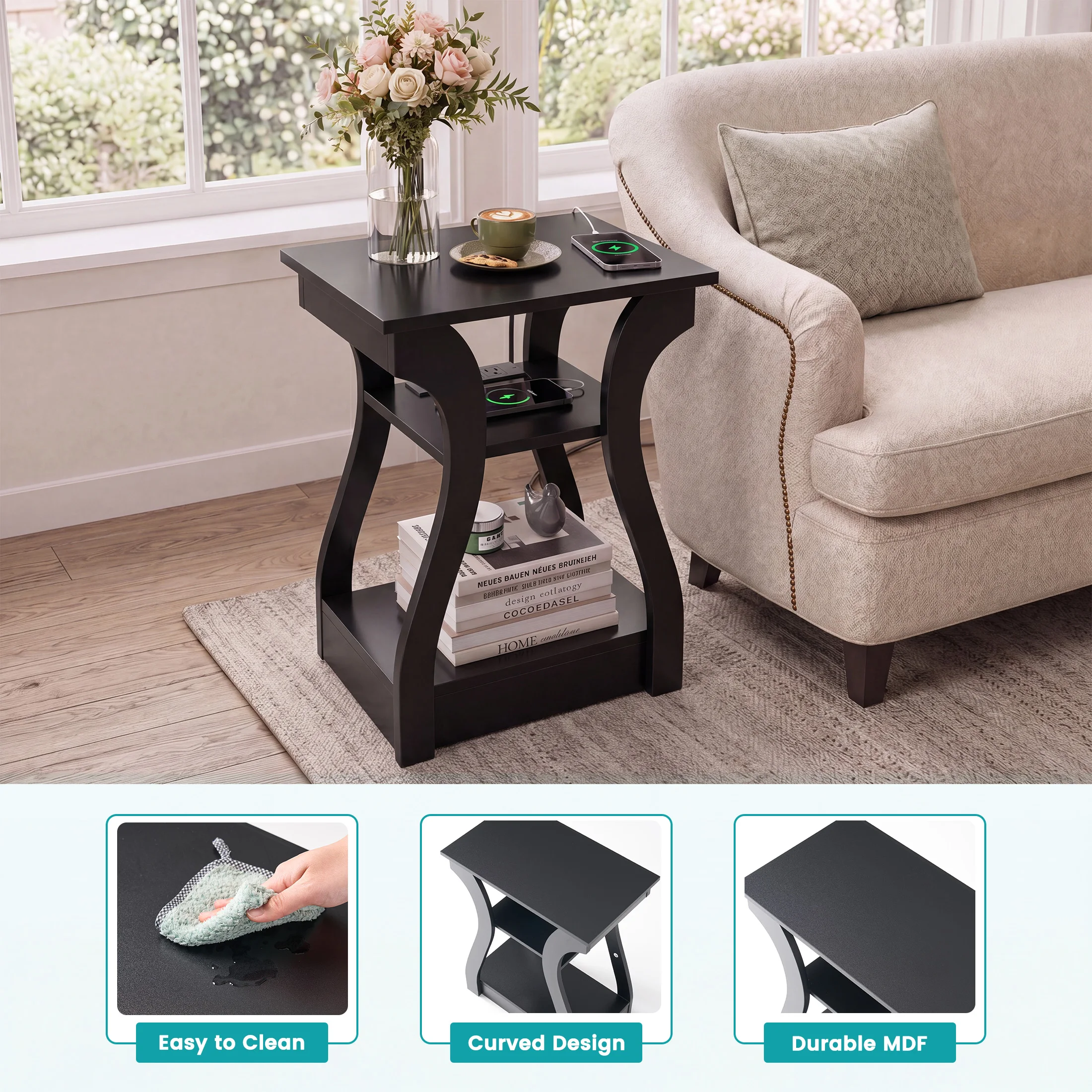 JHK 3 Tier Curved Living Room Cabinet End Table with Charging Station Storage Shelf with USB Type-C Port AC Outlets for Bedroom Home Decor