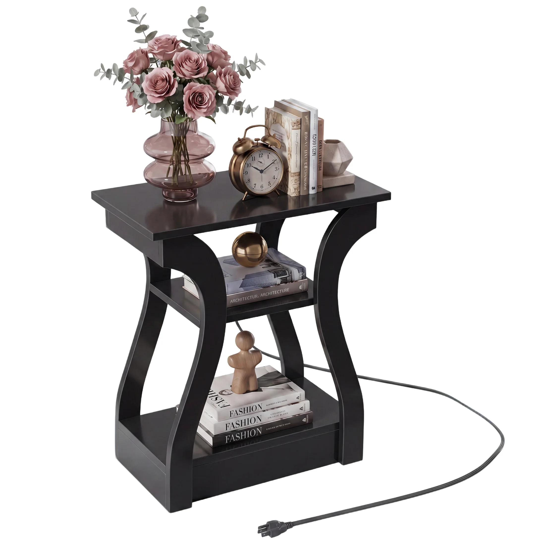 JHK 3 Tier Curved Living Room Cabinet End Table with Charging Station Storage Shelf with USB Type-C Port AC Outlets for Bedroom Home Decor