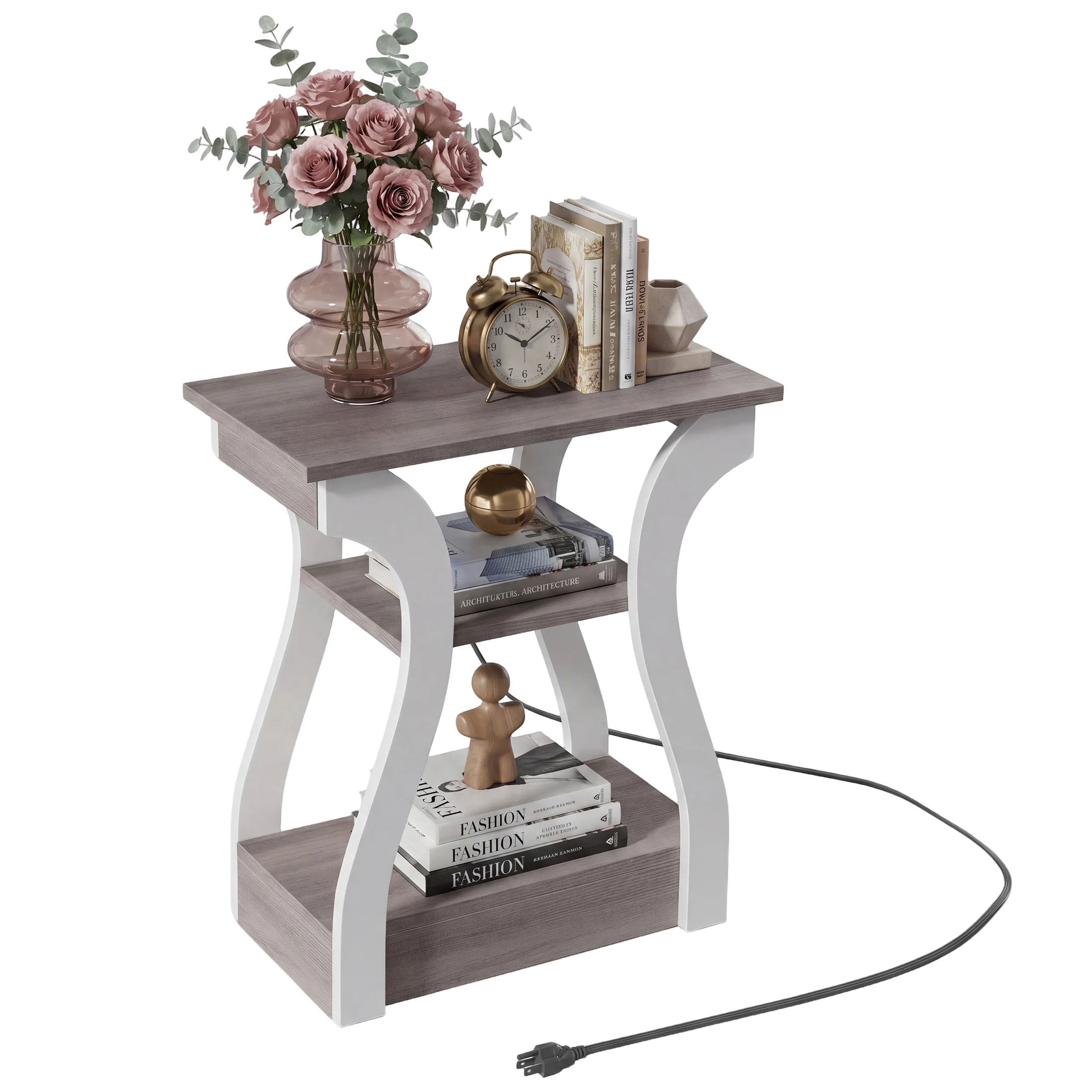 JHK 3 Tier Curved Living Room Cabinet End Table with Charging Station Storage Shelf with USB Type-C Port AC Outlets for Bedroom Home Decor