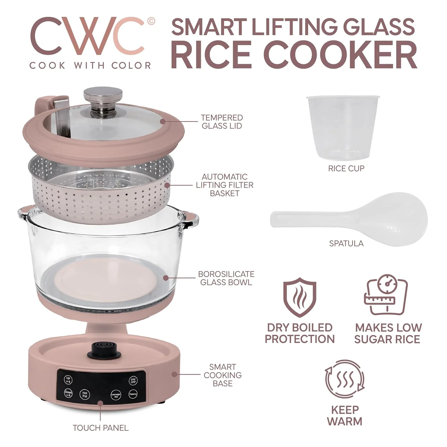 COOK WITH COLOR 3L Glass Low Carb Rice Cooker-Makes 6 Cups Cooked Low Sugar Rice with Auto Lift Filter Basket Hotpot Steamer