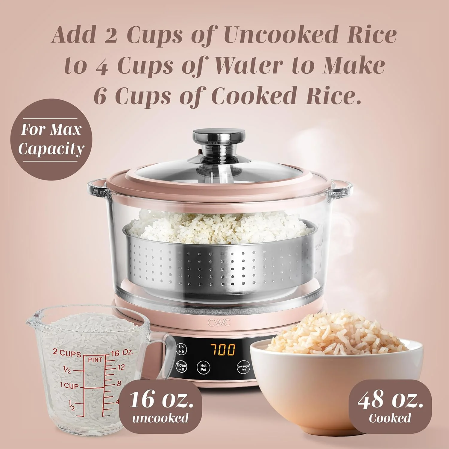 COOK WITH COLOR 3L Glass Low Carb Rice Cooker-Makes 6 Cups Cooked Low Sugar Rice with Auto Lift Filter Basket Hotpot Steamer
