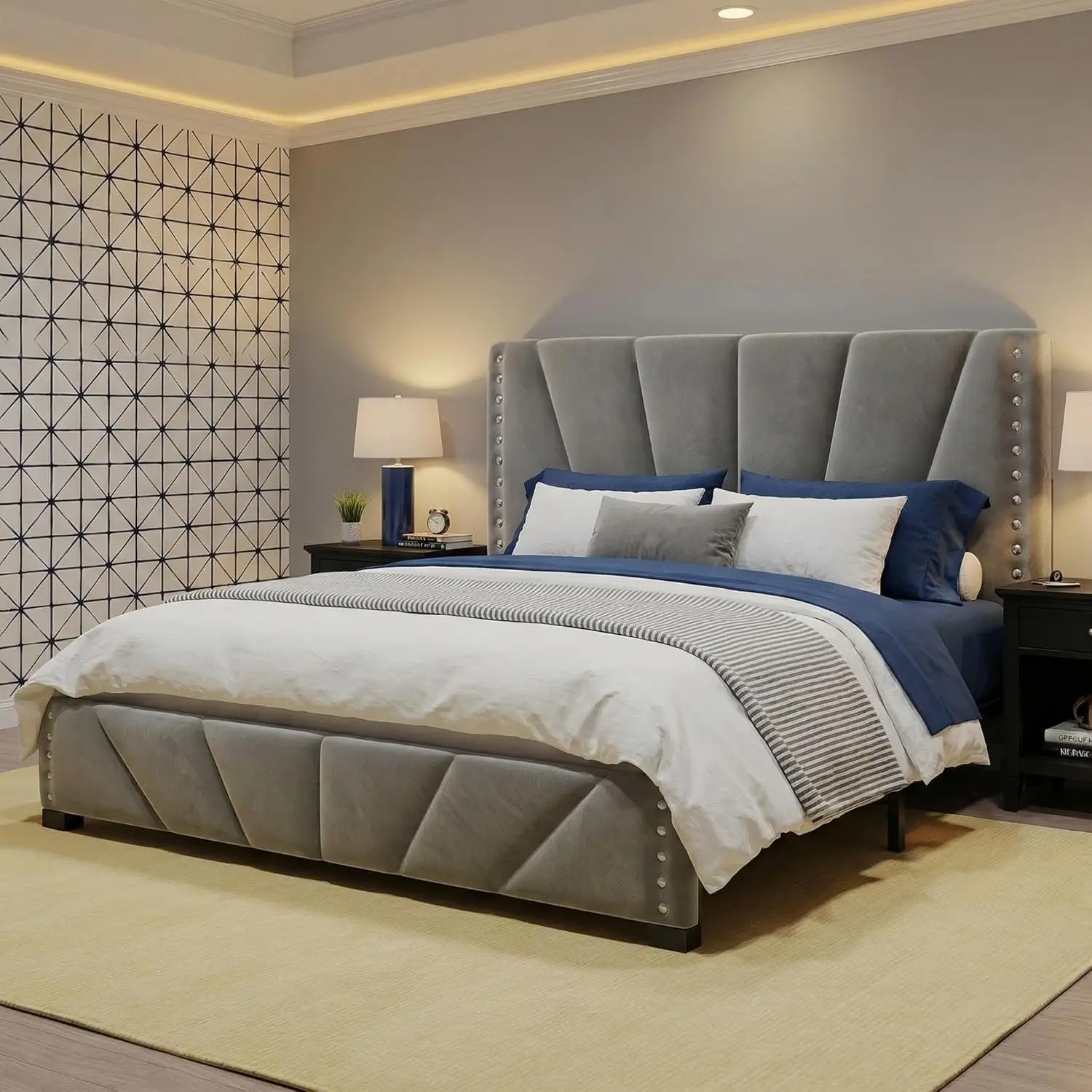 Queen Bed Frame with LED Lights & USB, Noise-Free, Grey | Adjustable Velvet Headboard,Under-Bed Storage,Heavy Duty, Customized