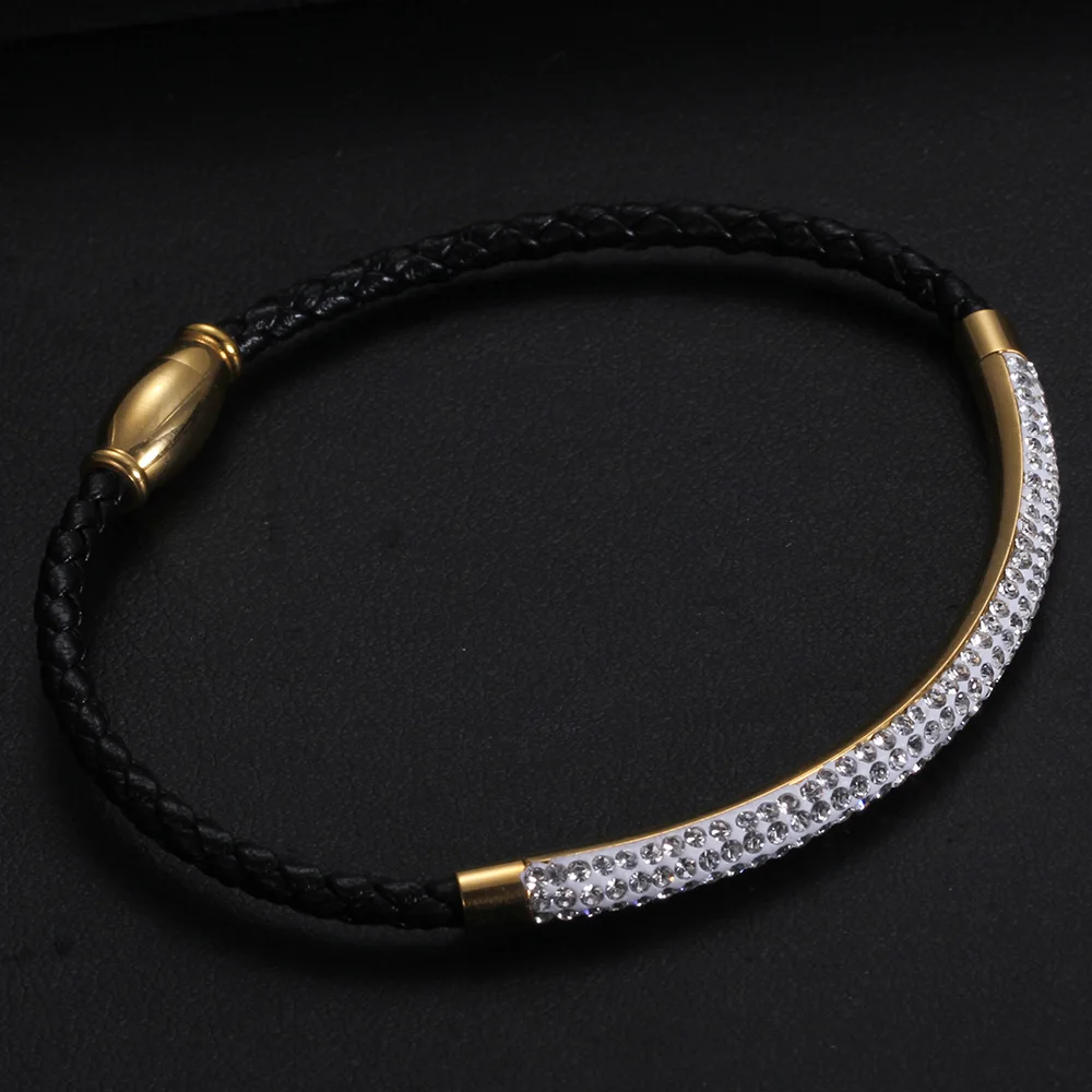 Stainless Steel Magnetic Clasp Bracelet Fashion Jewelry Crystal Rhinestone Charm Leather Wrap Bracelets For Women