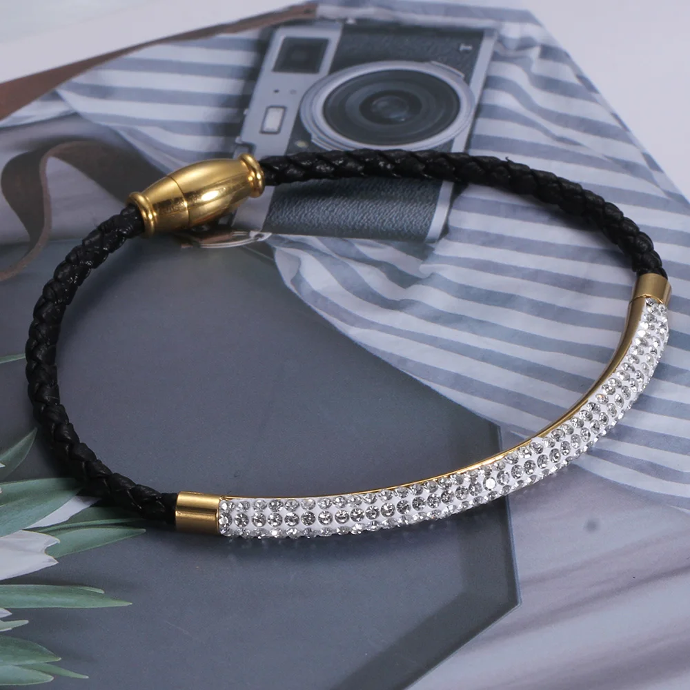 Stainless Steel Magnetic Clasp Bracelet Fashion Jewelry Crystal Rhinestone Charm Leather Wrap Bracelets For Women