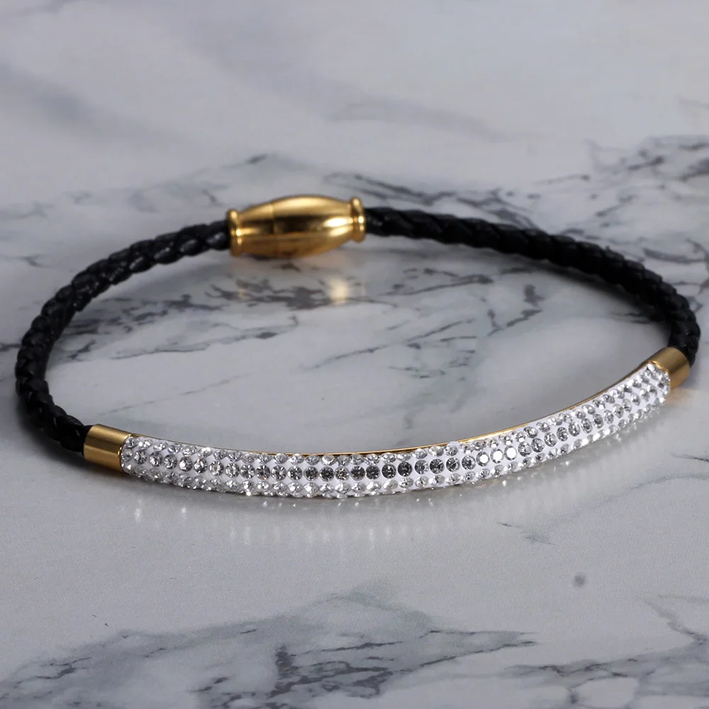 Stainless Steel Magnetic Clasp Bracelet Fashion Jewelry Crystal Rhinestone Charm Leather Wrap Bracelets For Women