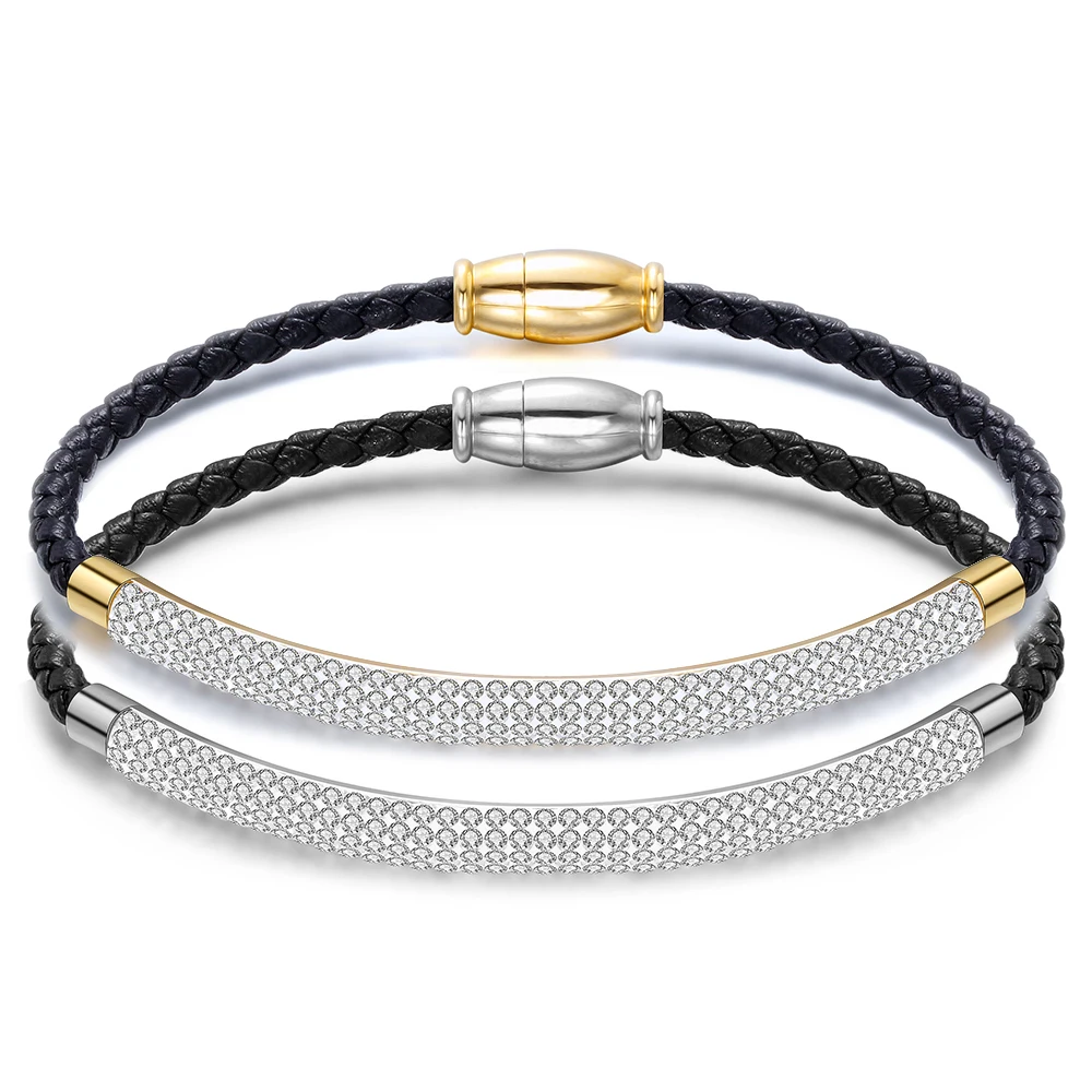 Stainless Steel Magnetic Clasp Bracelet Fashion Jewelry Crystal Rhinestone Charm Leather Wrap Bracelets For Women