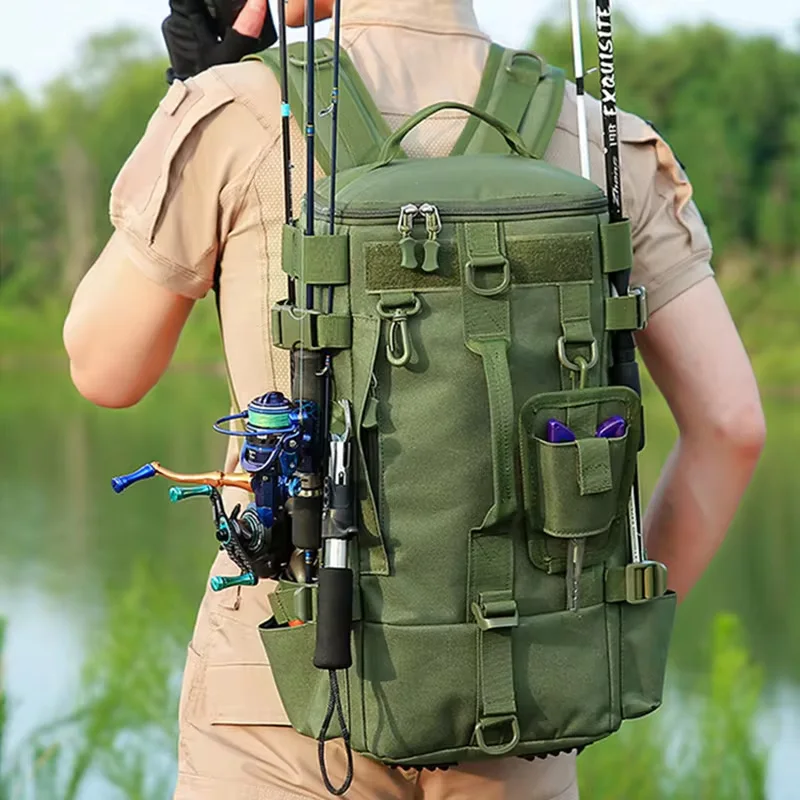 Tactical Fishing Backpack Tackle Bag with Rod Holders Fish Equipment Storage Molle Camping Hiking Outdoor Multifunctional Bag