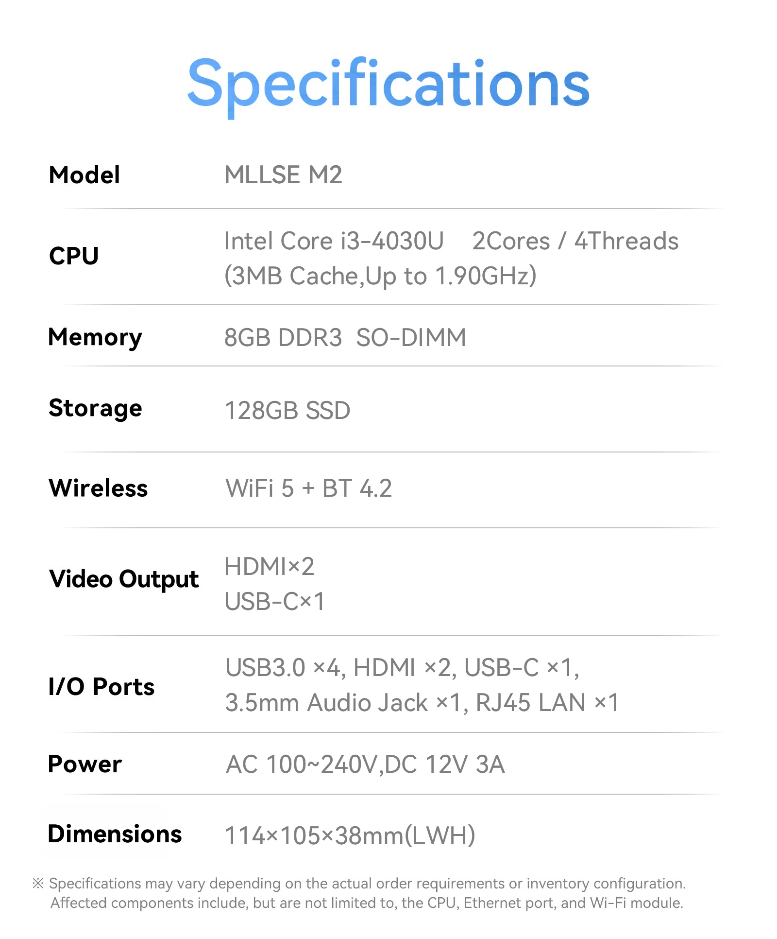 MLLSE Mini PC M2 Intel Gemini Lake Intel I3 4030U 8GB RAM 128GB ROM WiFi 5 Win10 Bluetooth 4.2 USB 3.0 Mini Computer