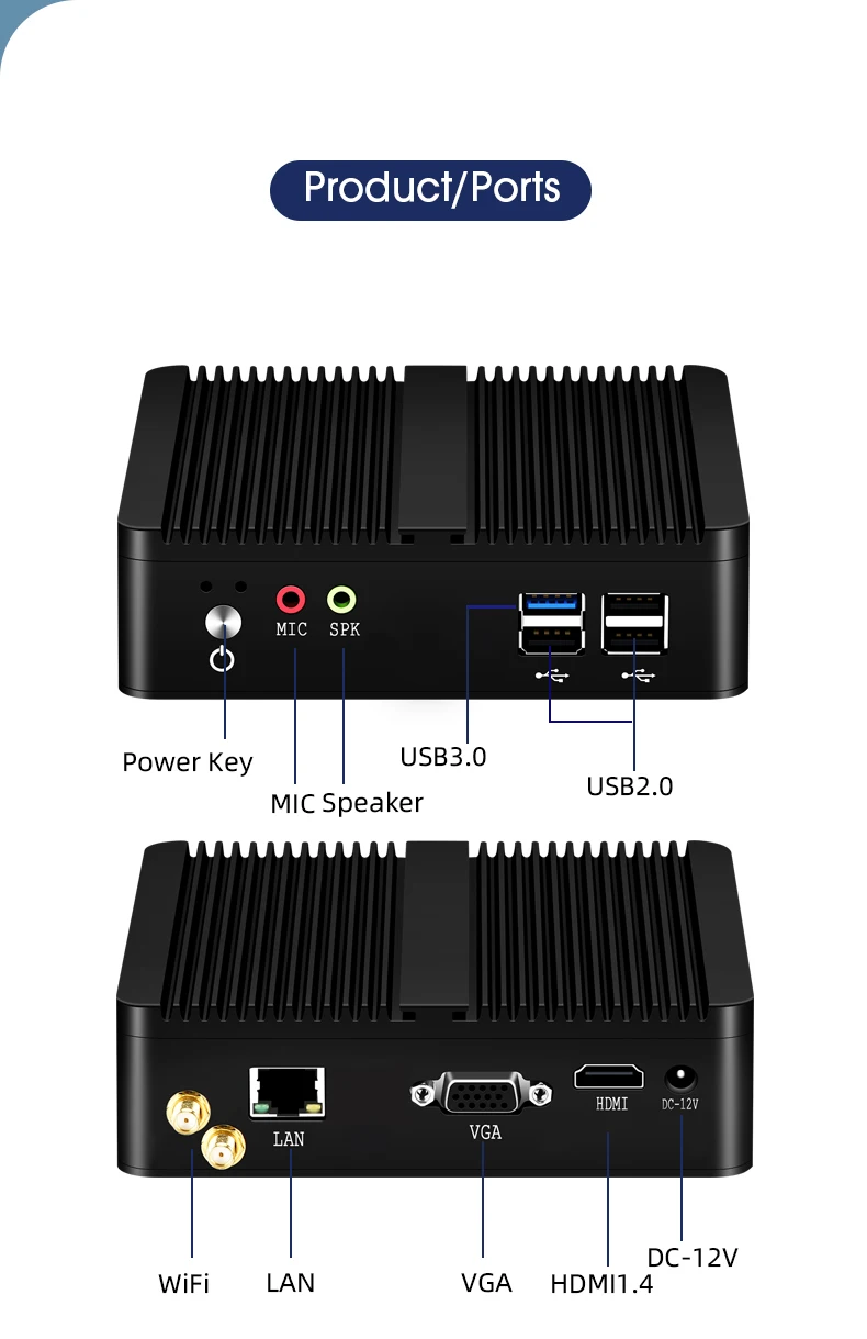 XCY Fanless Mini PC Intel Celeron J1900 Quad Cores Gigabit Ethernet 4x USB HDMI VGA Display Support WiFi Windows Linux/Ubuntu