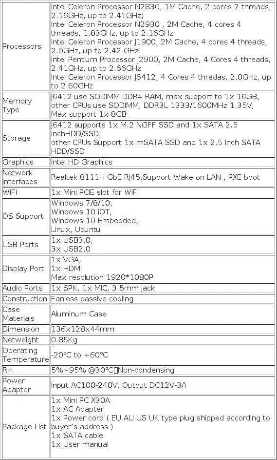 XCY Fanless Mini PC Intel Celeron J1900 Quad Cores Gigabit Ethernet 4x USB HDMI VGA Display Support WiFi Windows Linux/Ubuntu
