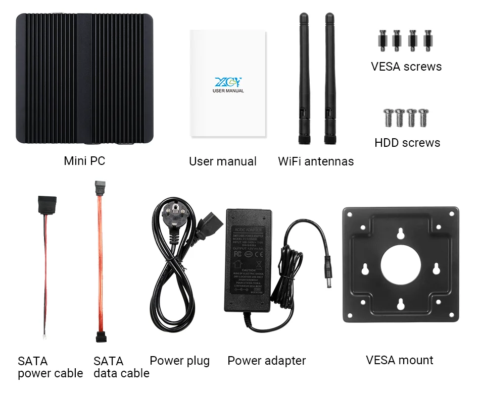 XCY Fanless Mini PC Intel Celeron J1900 Quad Cores Gigabit Ethernet 4x USB HDMI VGA Display Support WiFi Windows Linux/Ubuntu