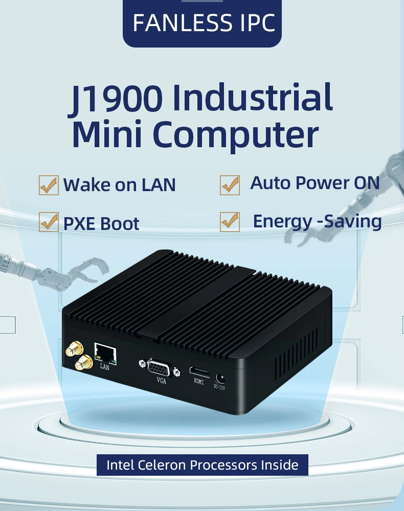 XCY Fanless Mini PC Intel Celeron J1900 Quad Cores Gigabit Ethernet 4x USB HDMI VGA Display Support WiFi Windows Linux/Ubuntu
