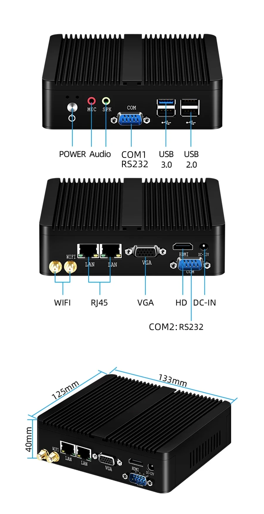 XCY Fanless Mini PC Intel Celeron J1900 Quad Cores Gigabit Ethernet 4x USB HDMI VGA Display Support WiFi Windows Linux/Ubuntu