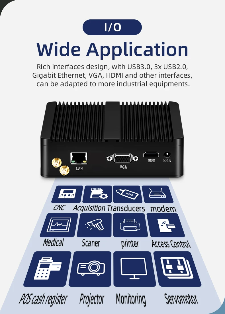 XCY Fanless Mini PC Intel Celeron J1900 Quad Cores Gigabit Ethernet 4x USB HDMI VGA Display Support WiFi Windows Linux/Ubuntu