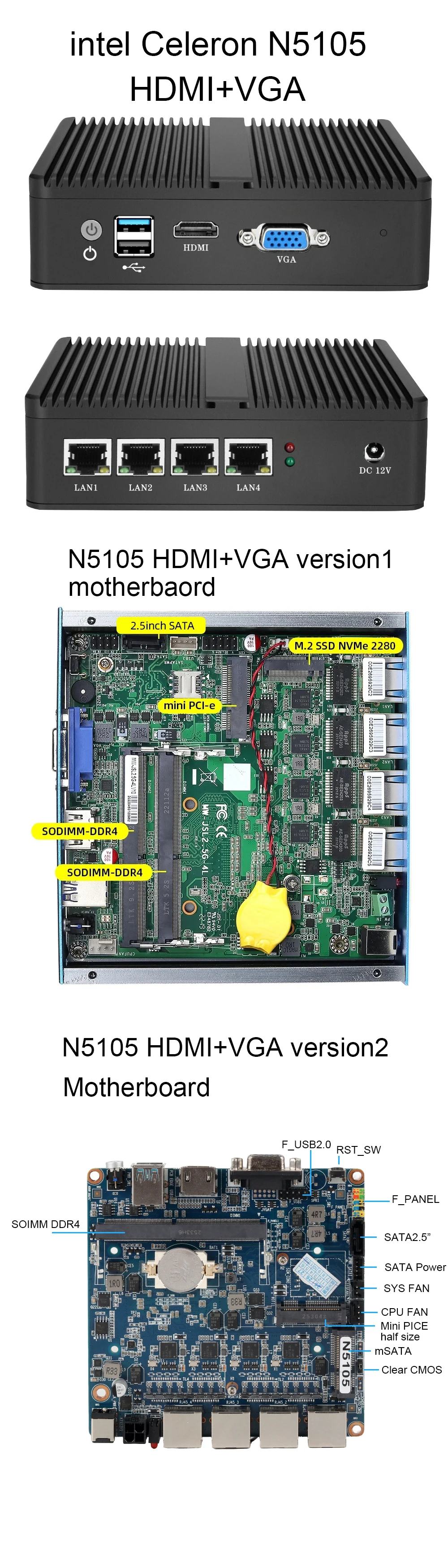 4 Ethernet Mini PC Intel N100 N2830 J1900 J4125 N5105 CPUs X86 Firewall Router Pfsense OPNSENSE Windows Linux Virtual Machine