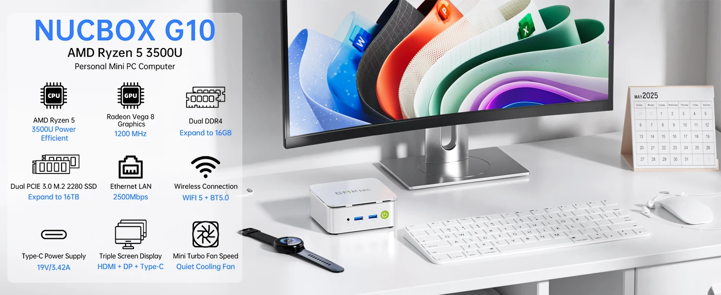 GMKtec G10 Mini PC AMD Ryzen 5 3500U (Beats N150/N97) 2.5GbE NIC LAN Desktop Mini Computers WiFi 5, Type-C, Triple 4K Display