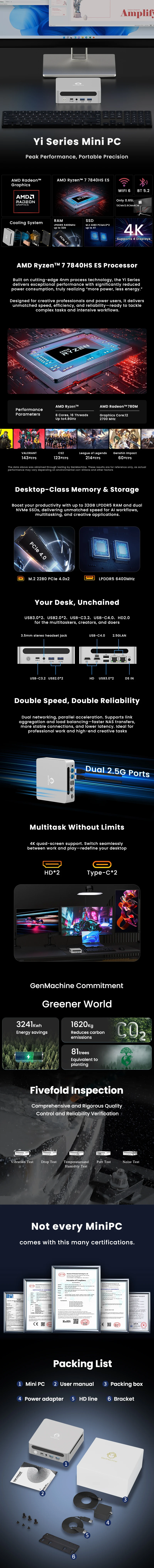 DDR5 32GB 6400Mhz RAM M.2 2280 SSD WIFI6 BT5.2 Pc Diy Gaming Computer Genmachin AMD Ryzen 7 7840HS ES 7940HS MINI PC Windows 11