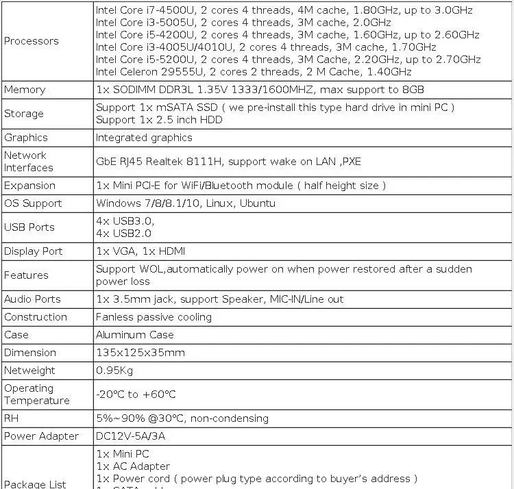 XCY Fanless Mini PC Intel Core I7 4500U I5 4200U Gigabit Ethernet HDMI VGA Display 8x USB Ports Support WiFi Windows Linux