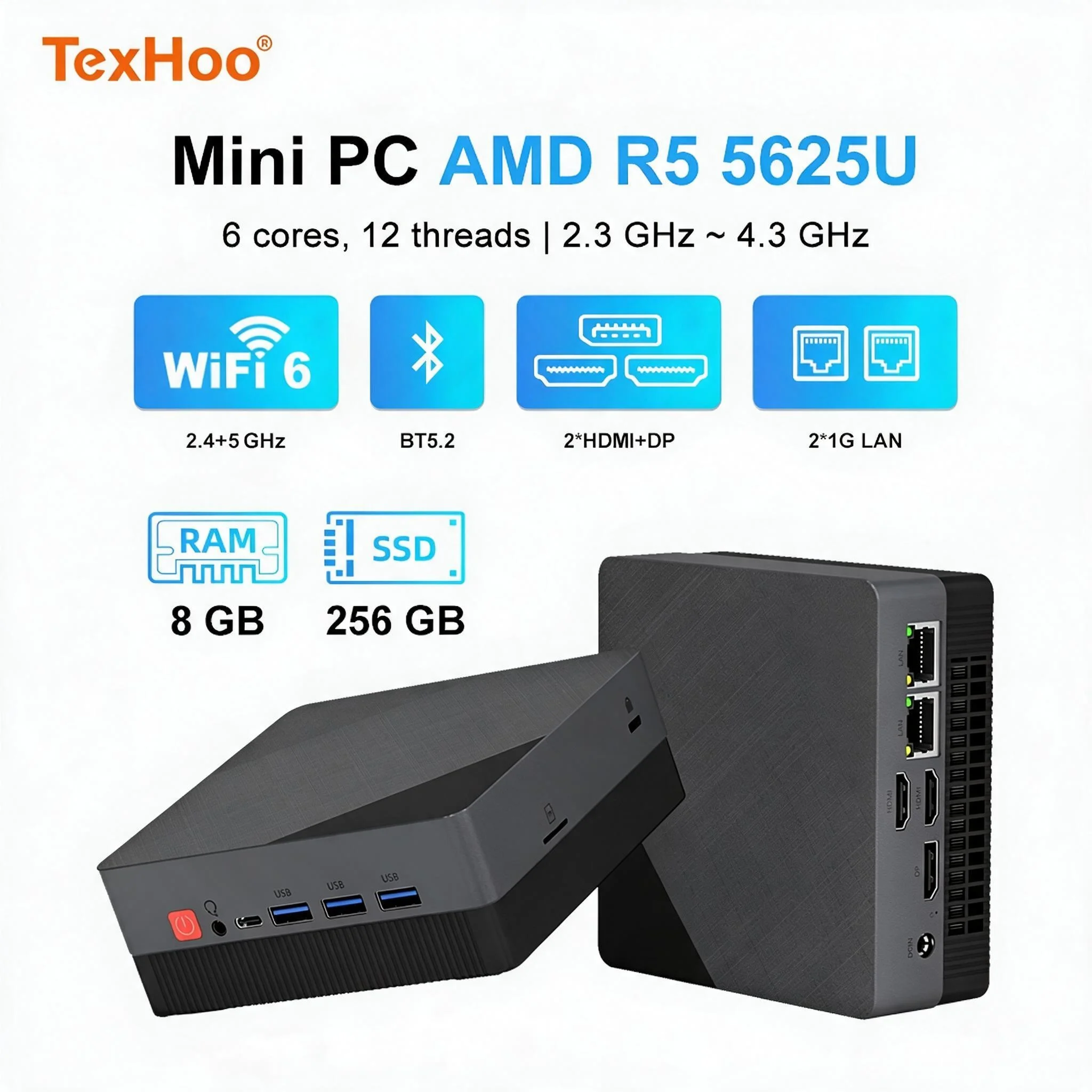 Texhoo MINI PC AMD Ryzen5 5625U 7530U R7-4800H DDR4 16G 2666MHz 512G SSD Pcle3.0 WIFI6 BT5.2 4.3GHz Desktop Computer Office PC