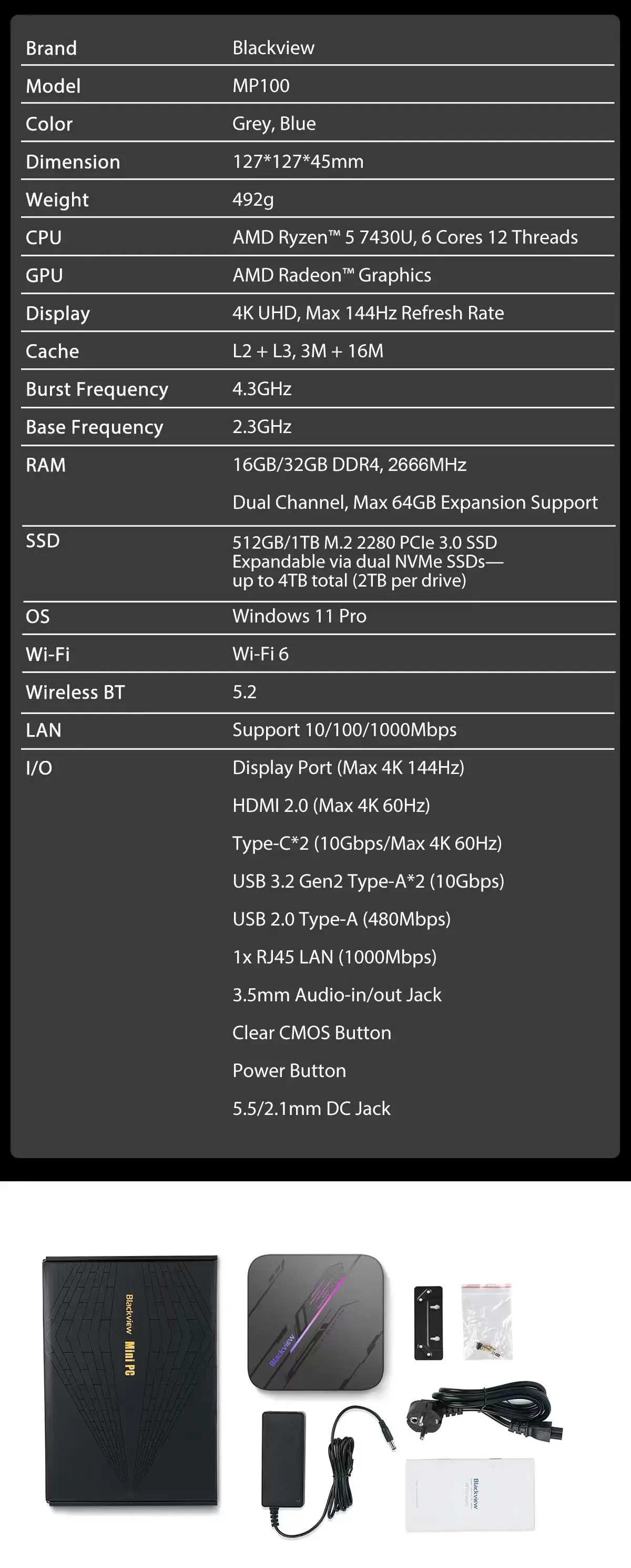 Blackview MP100 Mini PC AMD Ryzen5 7430U 16GB/32GB RAM 512GB/1TB ROM WiFi 6 Windows 11 6-Core 12-Thread BT5.2 Mini Computer PC