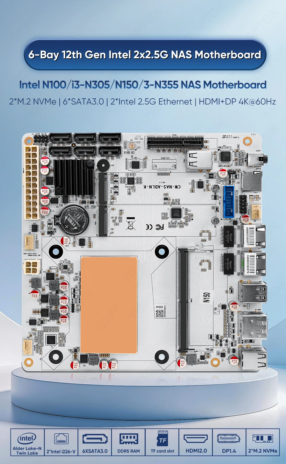 6-Bay Intel N150 Twin Lake Firewall NAS Motherboard 1*PCIEx4 2*Intel I226-V 2.5G 2*M.2 NVMe 6*SATA3.0 DDR5 Mini ITX Mainboard