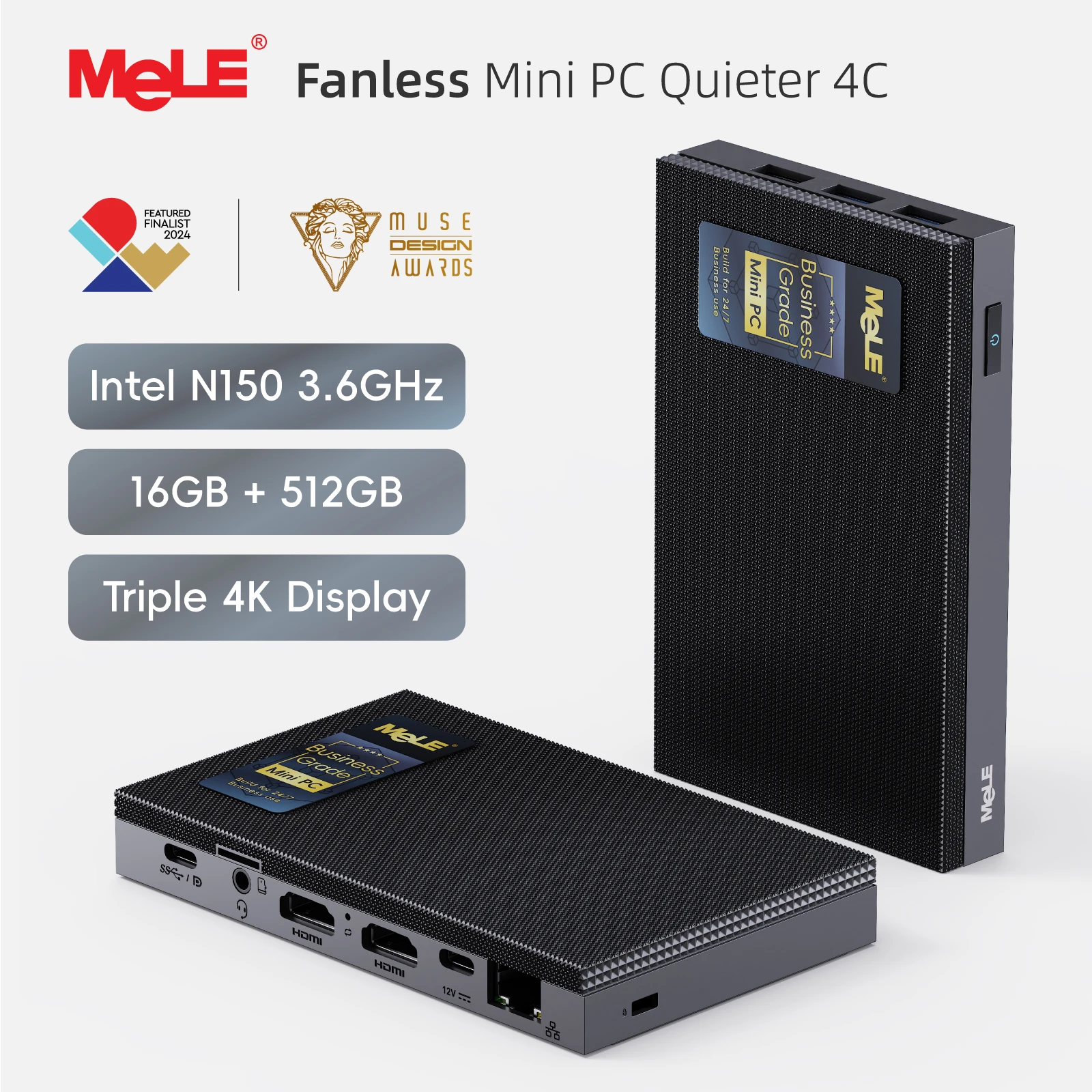 MeLE Business Grade Quieter 4C Fanless Mini PC N150 8GB 128GB Windows 11 Pro 3.6GHz 4K Display USB-C PD3.0 7×24 Commercial Use